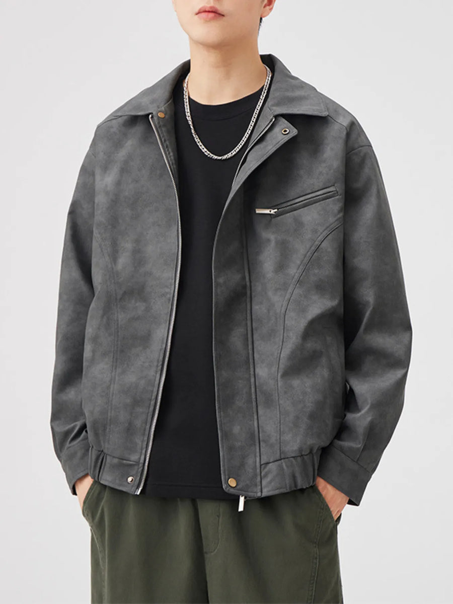 Men's dark gray zip-up leather jacket with a chest pocket detail.