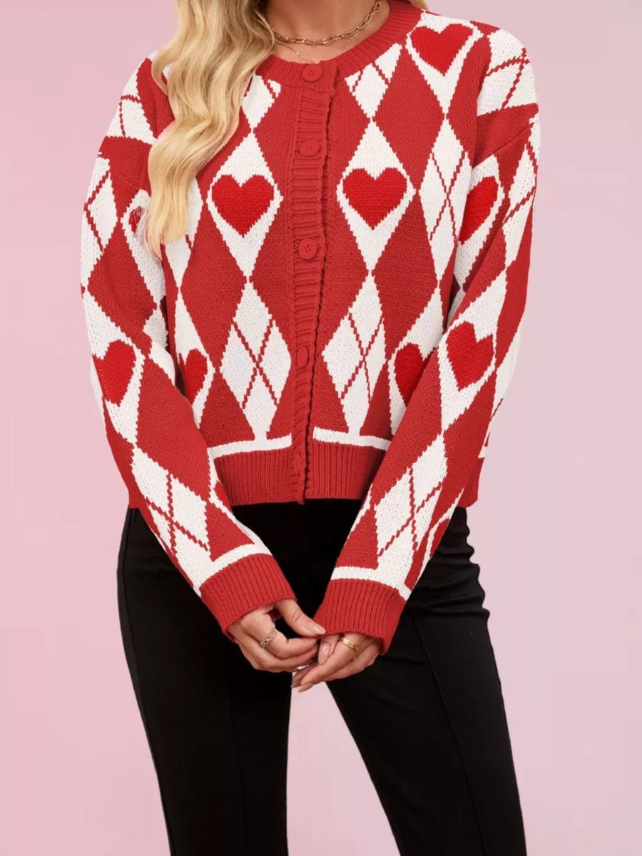 white cardigan with decorative button and long sleeve