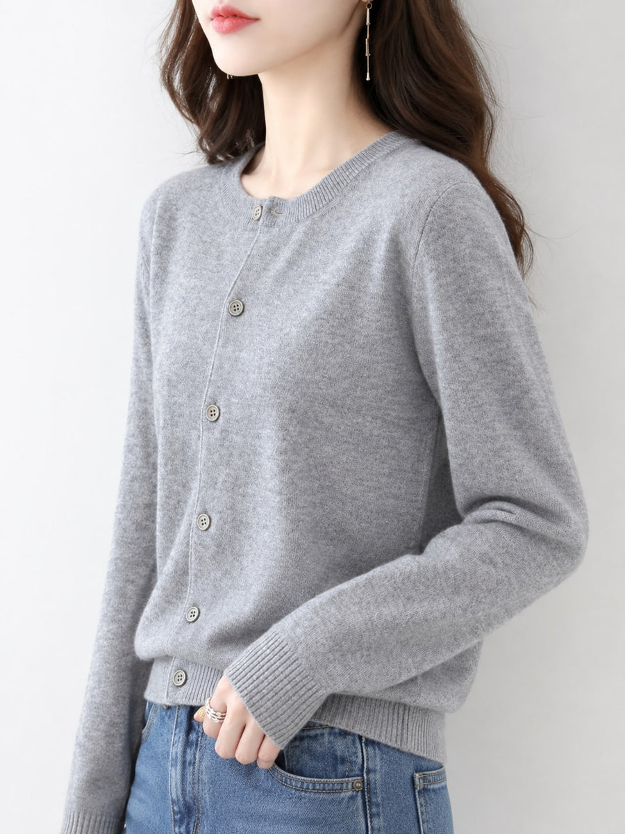 Button-Down Crew-Neck Ribbed Long-Sleeve Top in White with buttoned