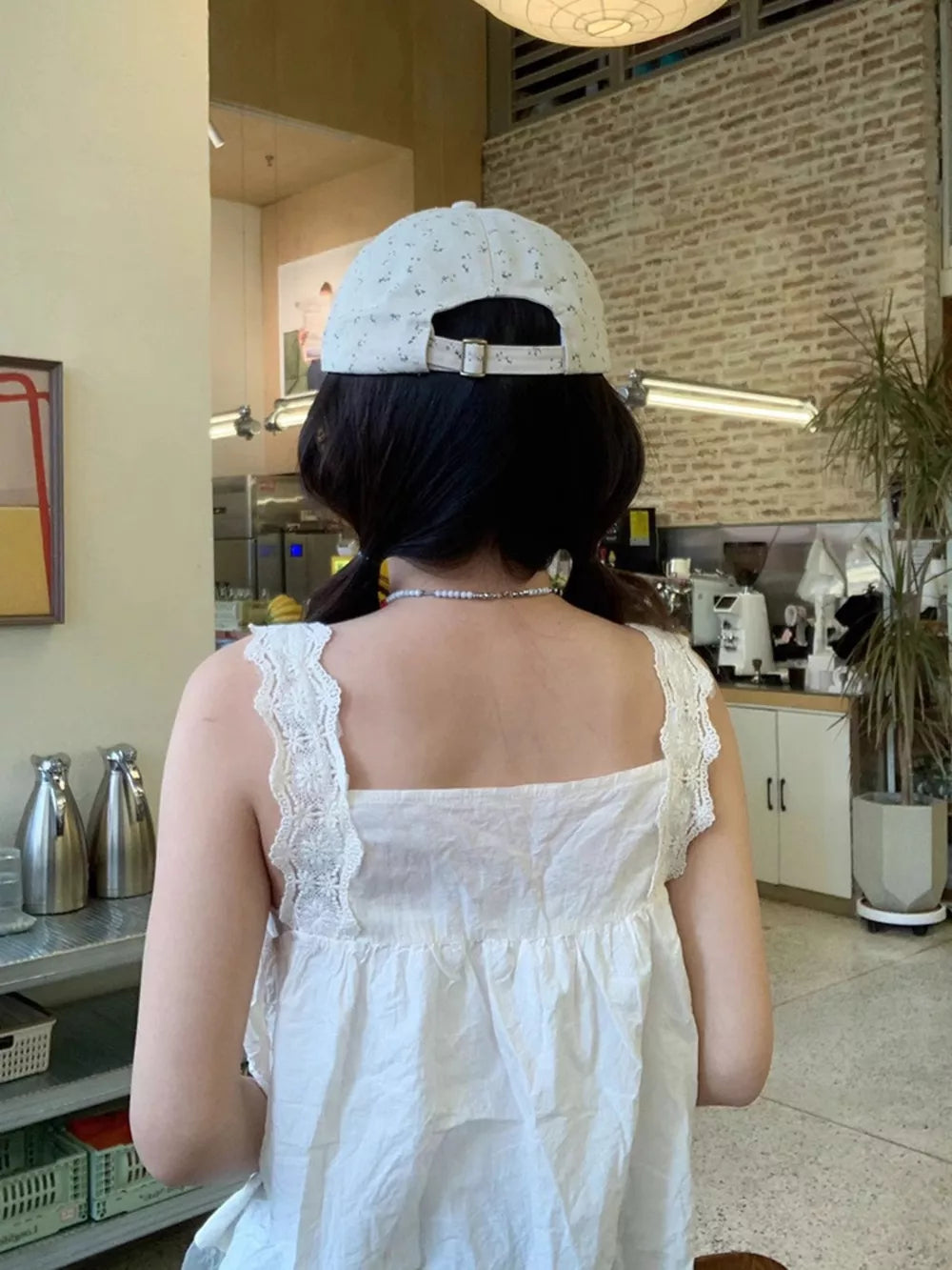 Beige embroidered floral cotton baseball cap with adjustable strap