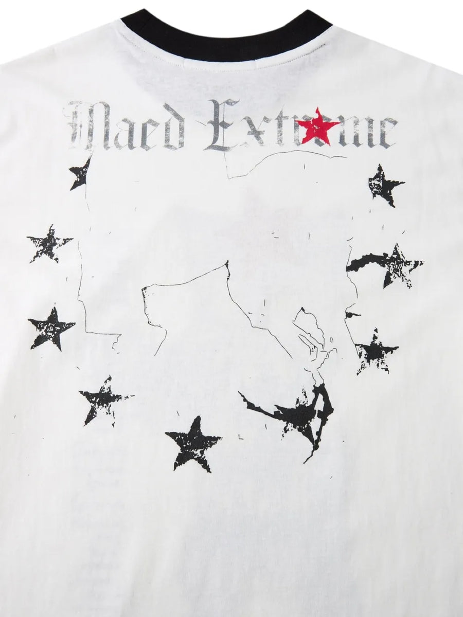 Men's white cotton spandex t-shirt with black and silver graphic print and red star detail.