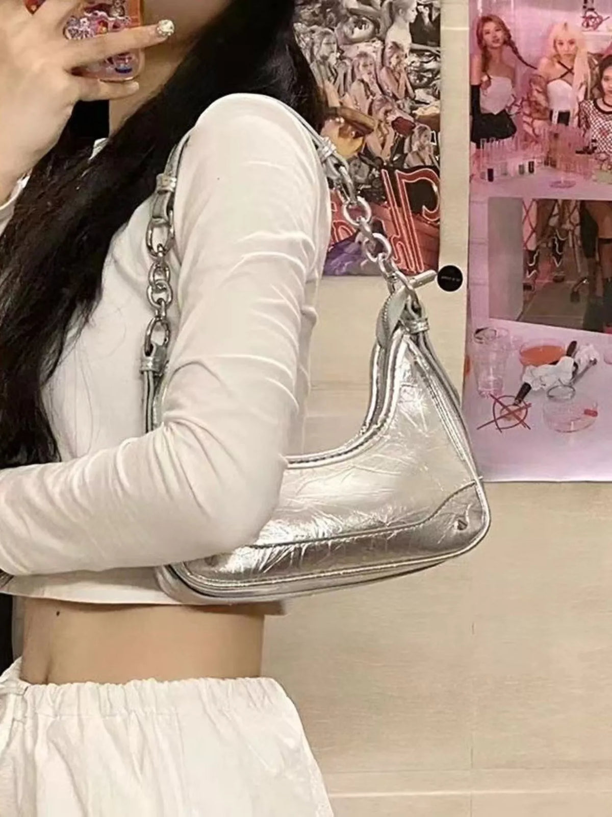 Silver PU leather mini shoulder bag with chain strap