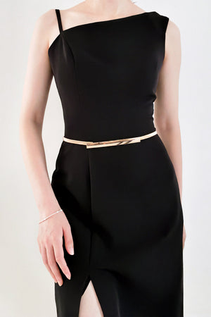 Slimline gold-tone metal waist belt with a minimalist buckle detail.