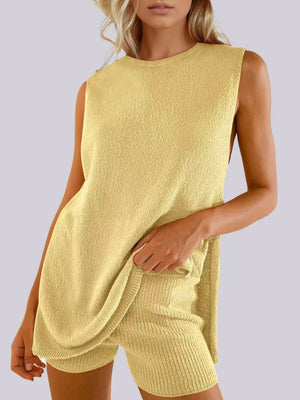 Textured knit tank and short set in Dark Blue with slit sides.