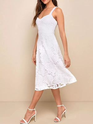 White floral lace sweetheart midi dress with spaghetti straps and a flared skirt.