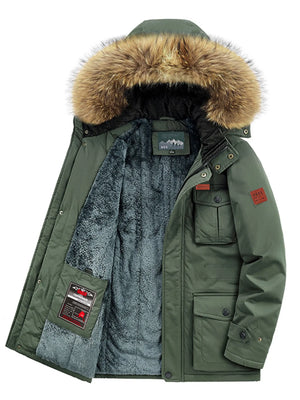 Green hooded parka with fur trim and plush lining, featuring multiple pockets.