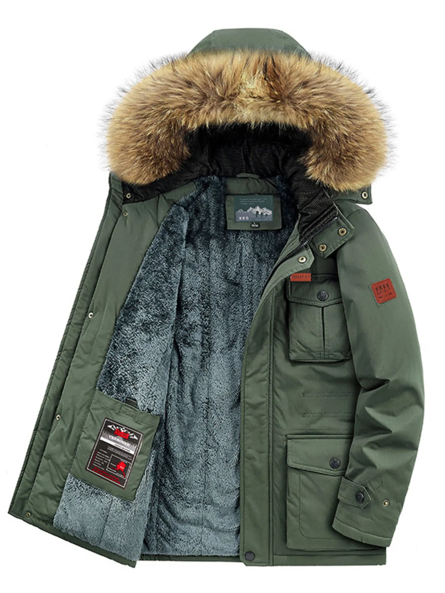 Green hooded parka with fur trim and plush lining, featuring multiple pockets.