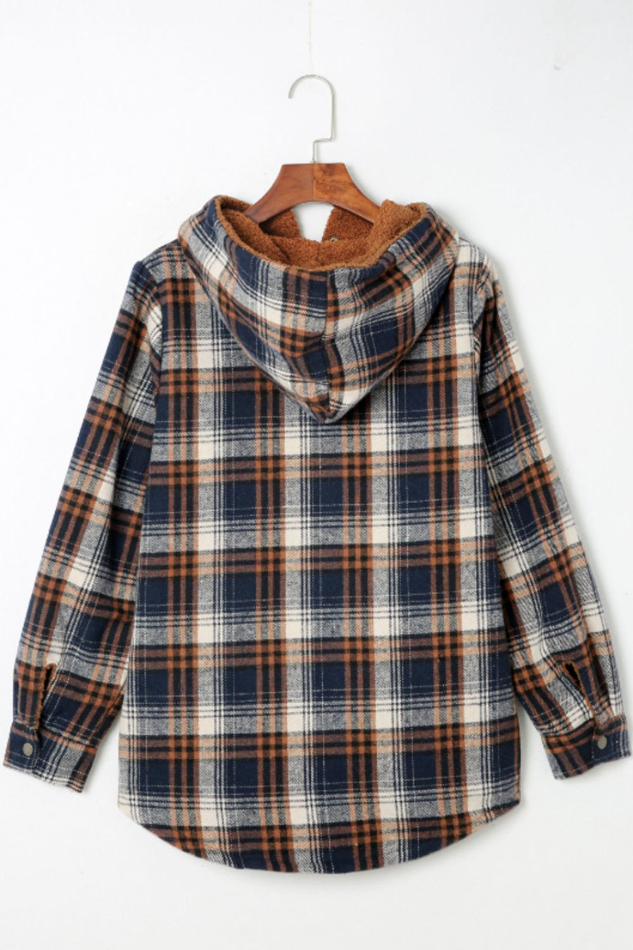 Sherpa-lined plaid overshirt jacket in navy, tan, and cream with a hood.