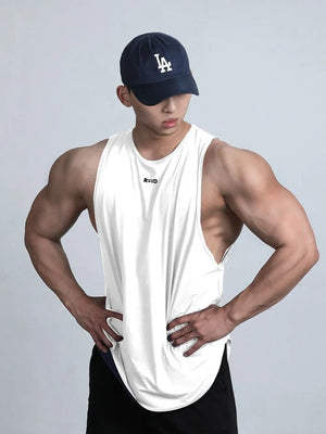 White performance cut tank top with black logo detail and athletic fit