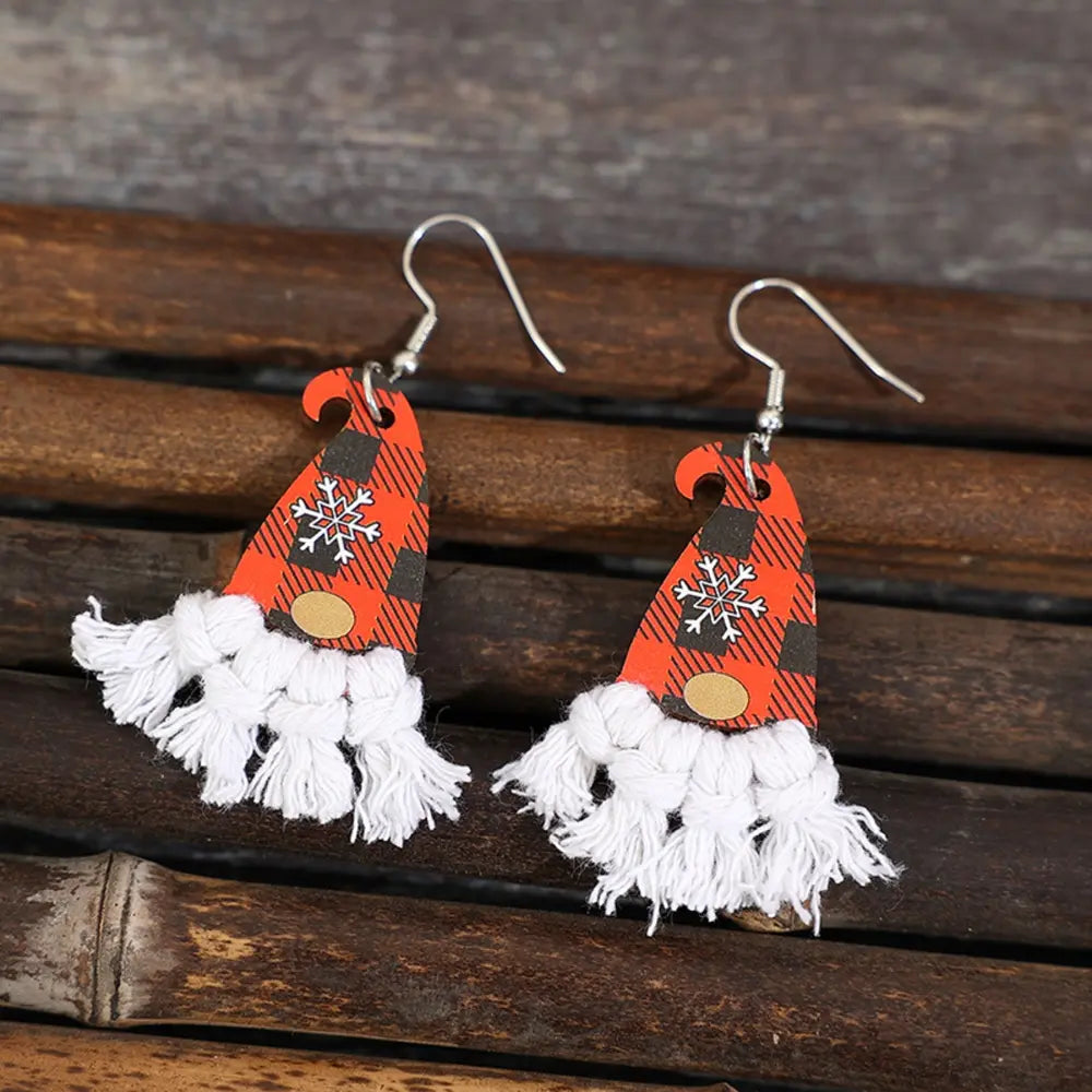 Gnome hat macrame drop earrings with red buffalo plaid and white fringe beard.