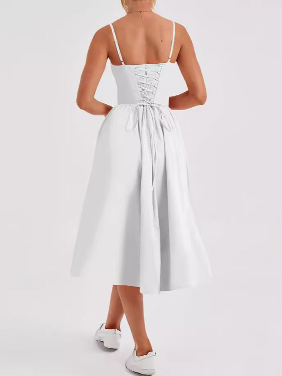 Polyester blend containing at least 50% but less than 70% polyester midi dress in Pink with fit-and-flare silhouette