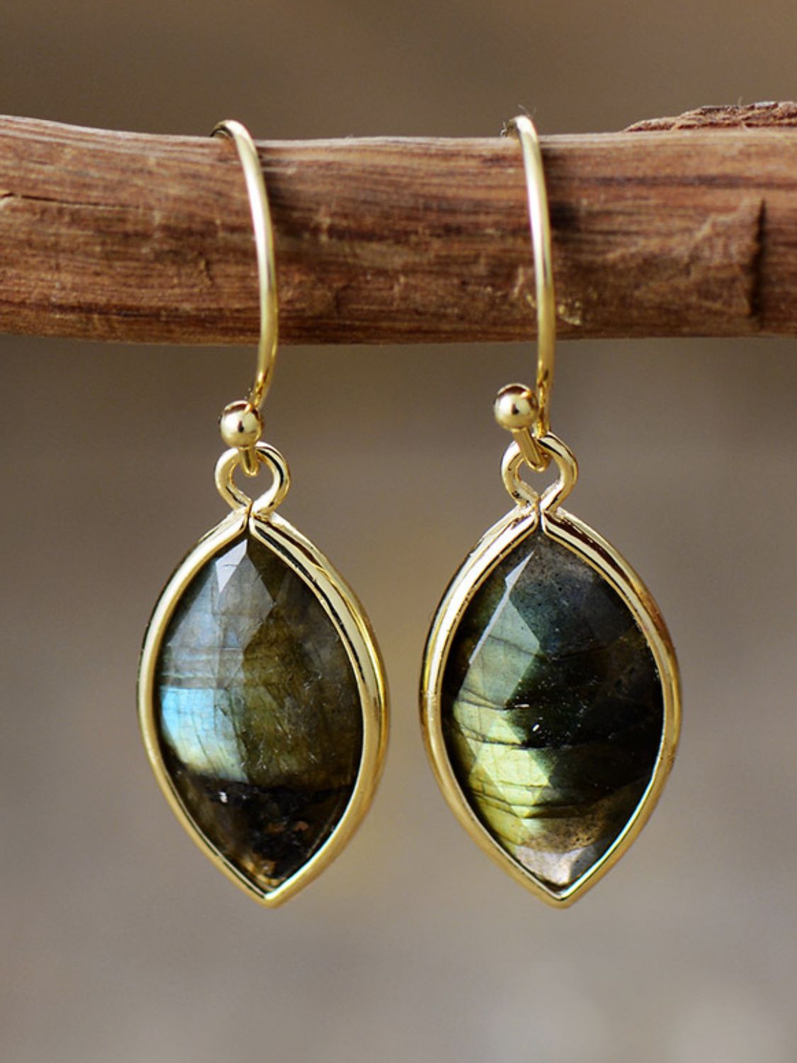 Labradorite marquise drop earrings with 18K gold plating in army green.