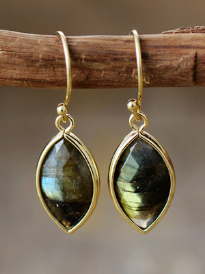 Labradorite marquise drop earrings with 18K gold plating in army green.