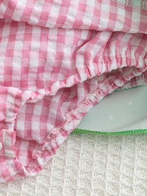 Pink gingham baby dress detail with smocked waist and watermelon pocket lining.