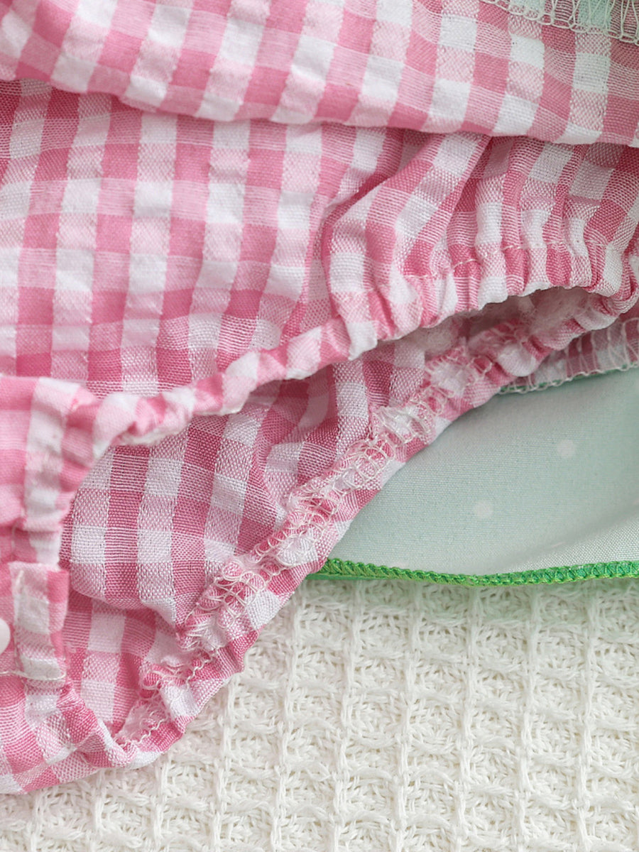 Pink gingham baby dress detail with smocked waist and watermelon pocket lining.