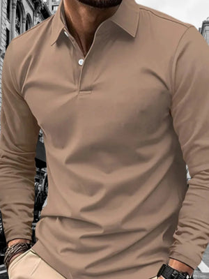 Taupe long sleeve polo shirt with a button placket and collar.