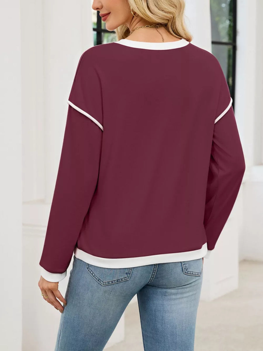 Contrast Trim Long Sleeve Sweatshirt in Burgundy