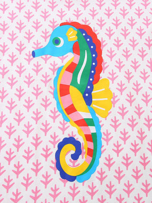 Toddler tee with colorful seahorse graphic on white cotton with pink leaf pattern.