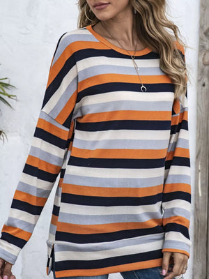 navy blue t-shirt featuring slit and striped