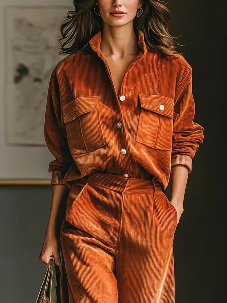 100% polyester Care instructions: Machine wash cold two-piece set in Caramel Color with relaxed silhouette