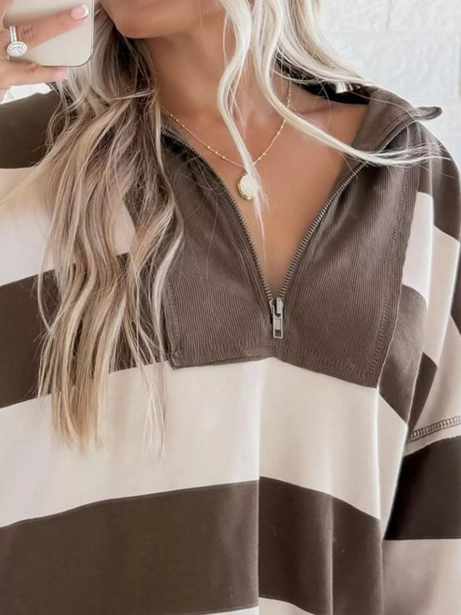 Quarter-zip sweatshirt in chocolate and cream stripes with a corduroy collar detail.