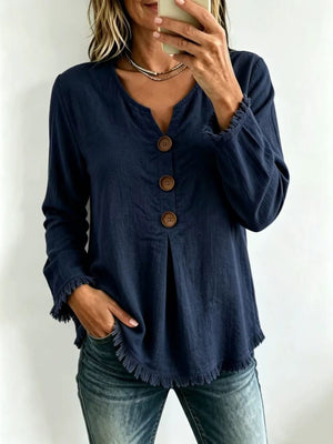 dusty pink blouse with raw hem and long sleeve