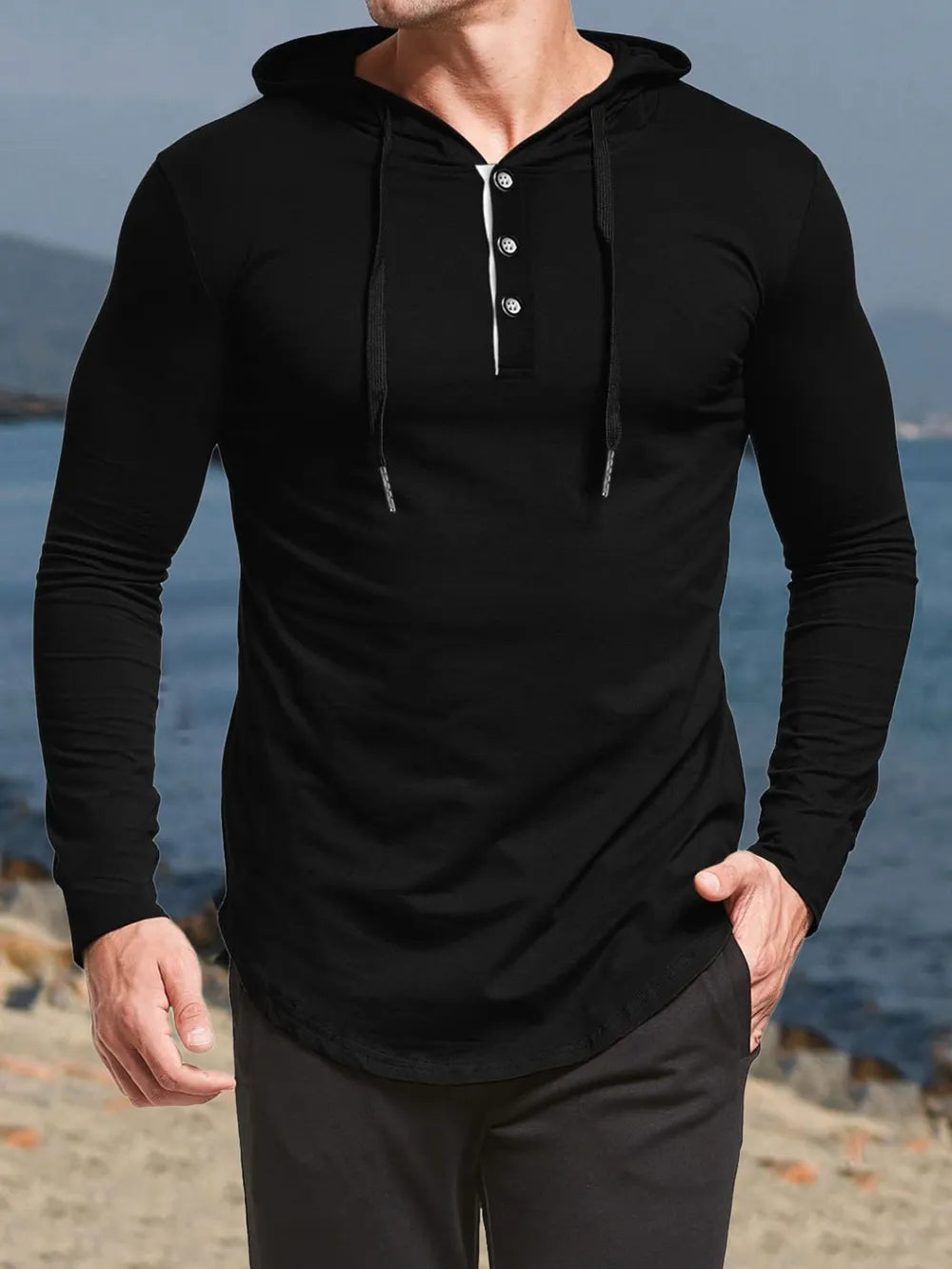 Black henley hooded tee with curved hem and buttoned placket