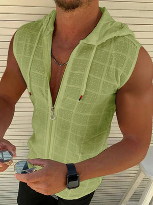 Matcha green textured sleeveless zip-up hooded vest with a subtle grid pattern.