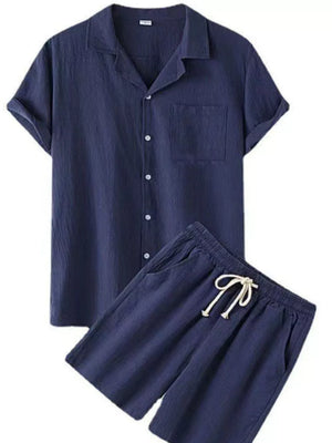 Navy linen short sleeve shirt and drawstring shorts set