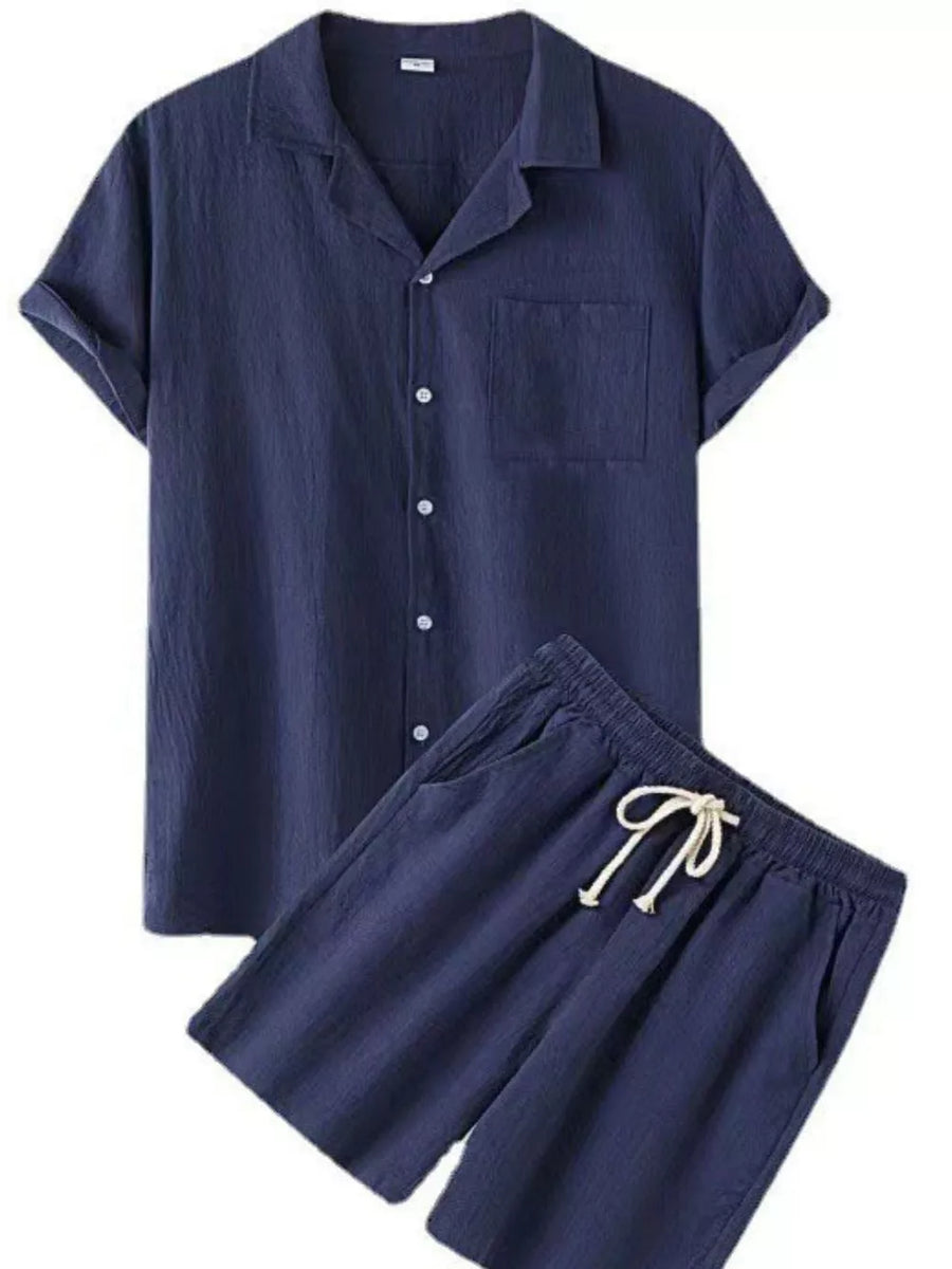 Navy linen short sleeve shirt and drawstring shorts set