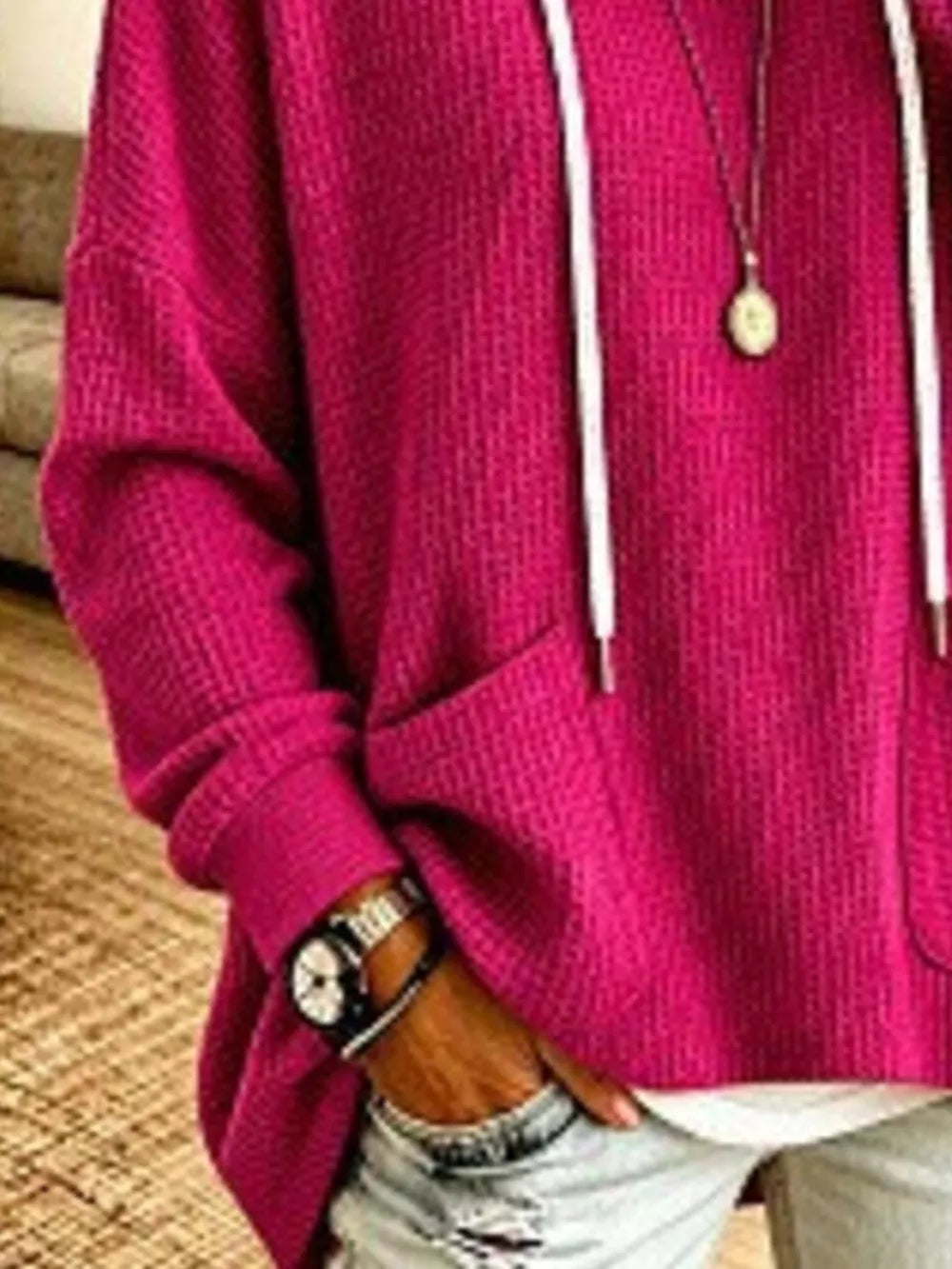100% polyester Care instructions: Machine wash cold pullover hoodie in Burgundy with relaxed silhouette