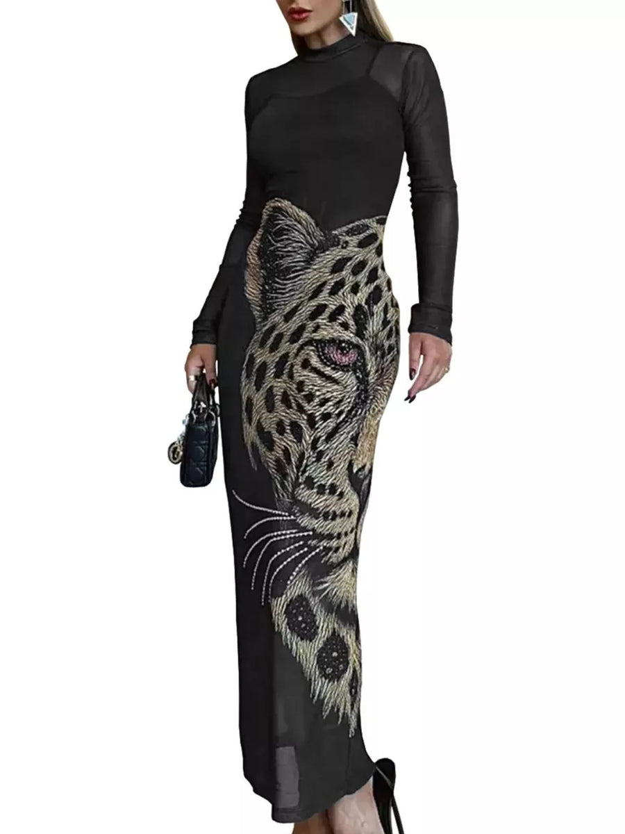 Leopard Print Mesh Long Sleeve Maxi Dress in Black
