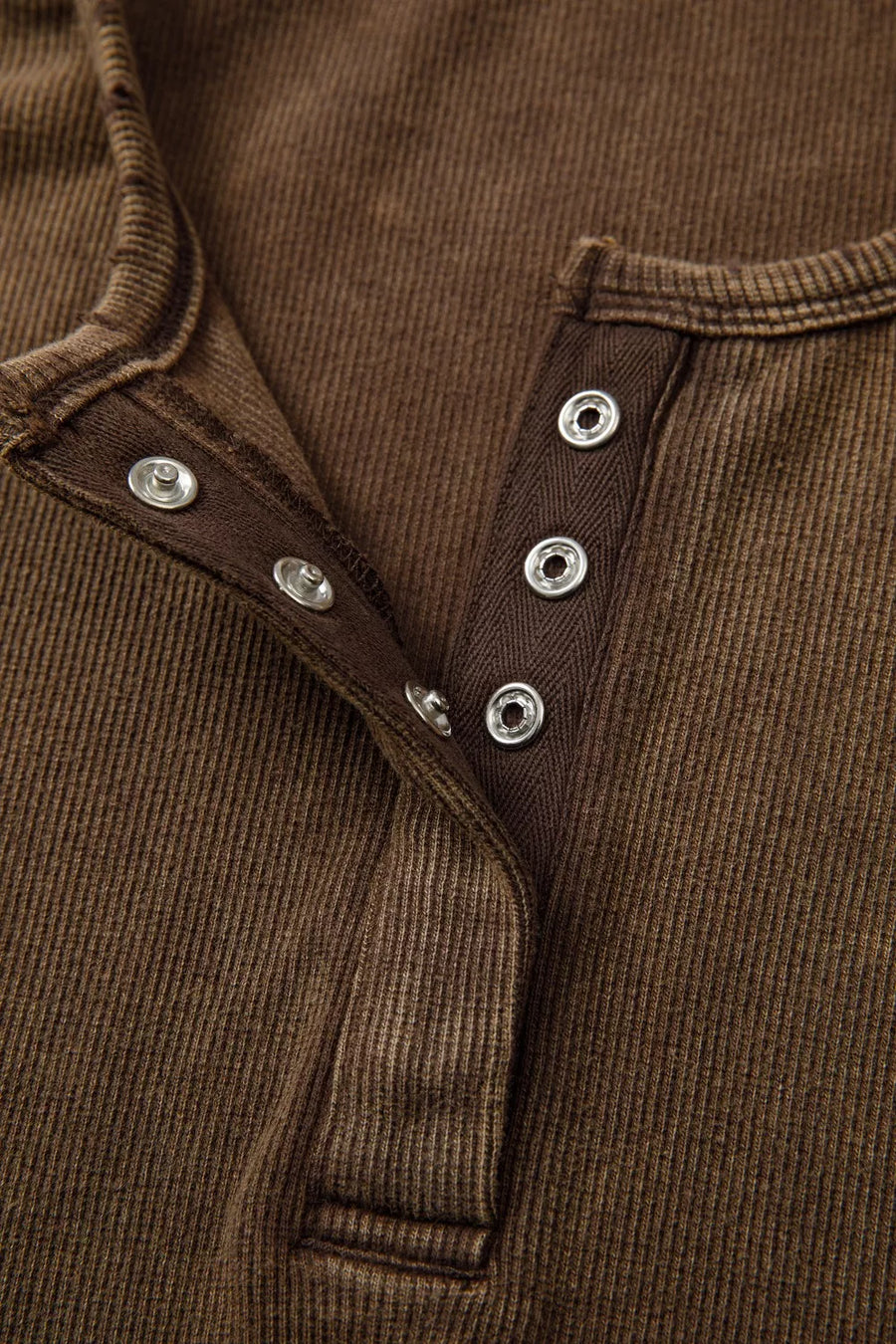 Brown ribbed henley snap tank top with snap button placket detail