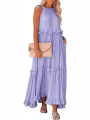 Light purple ruffled maxi dress with smocked neckline and pockets.
