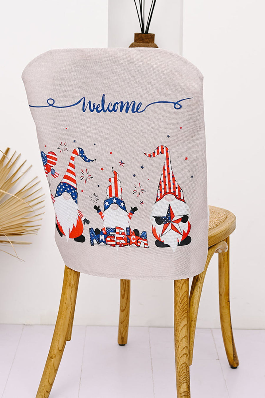 Patriotic gnome chair back cover with welcome text and Americana design