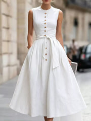 White Sleeveless Button-front Belted Midi Dress Plus Size
