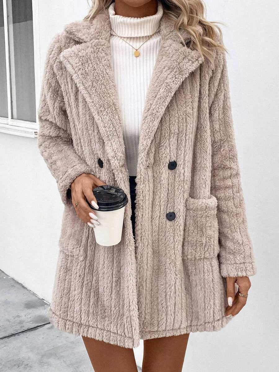 Textured teddy bear double-breasted overcoat in Dust Storm with button details and pockets.