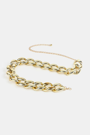 Gold sculptural chain belt with a delicate extender chain