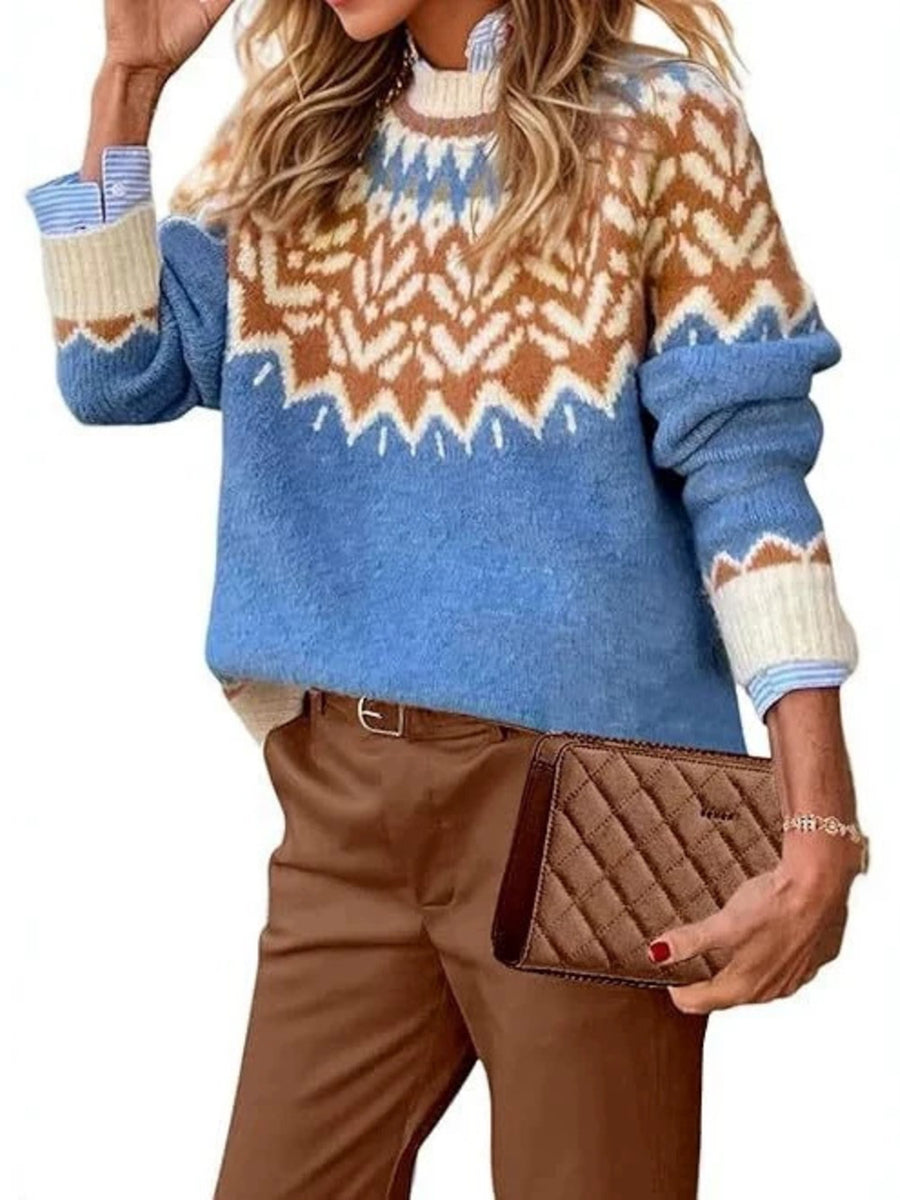 light blue pullover sweater with Fair Isle and crew neck