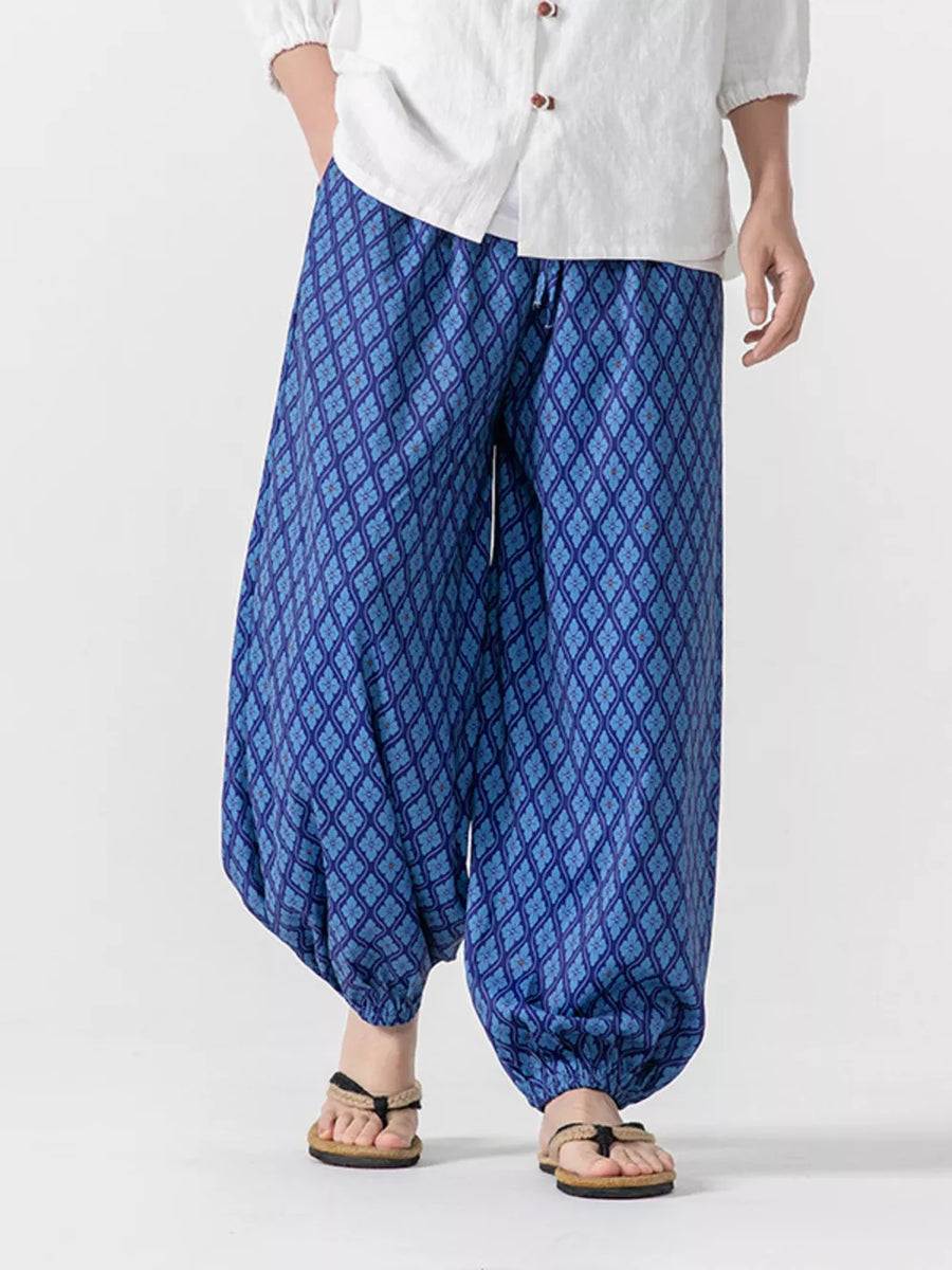 Blue harem joggers with a distinctive diamond pattern and drawstring waist.