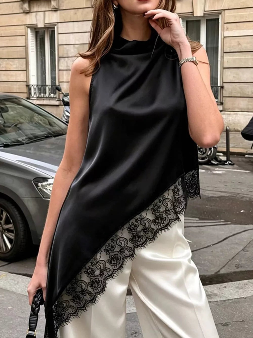 Black with Polka Dot Lace Trim Asymmetrical Hem Sleeveless Blouse
