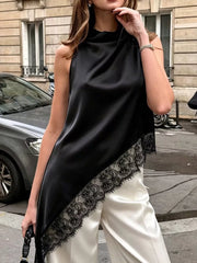 Black with Polka Dot Lace Trim Asymmetrical Hem Sleeveless Blouse