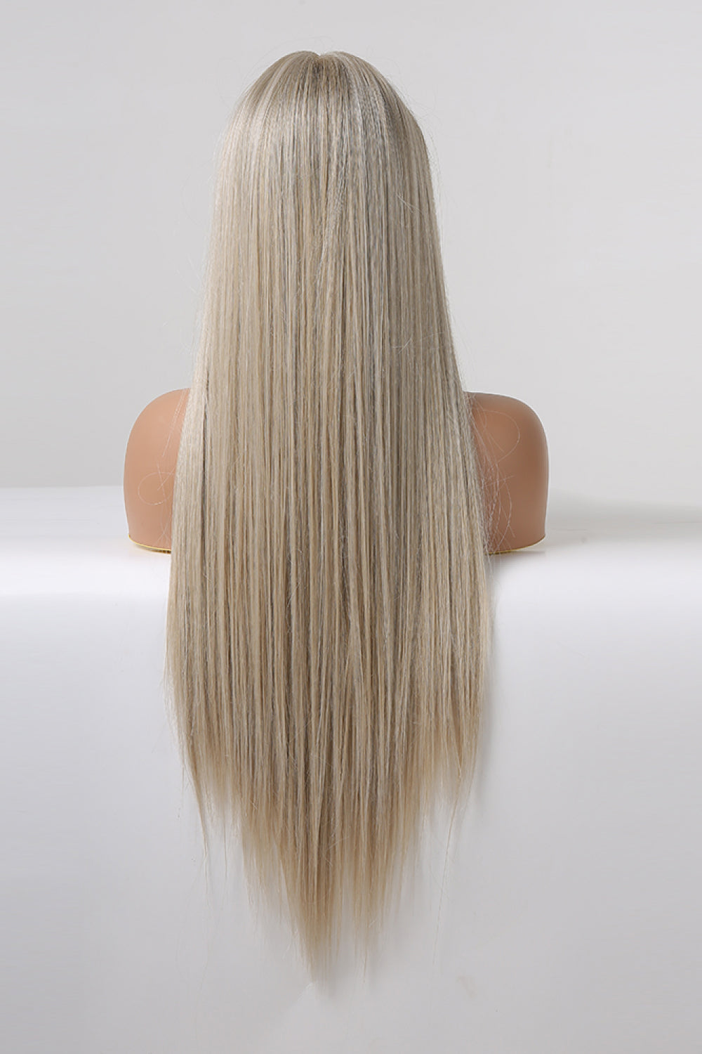 Luxe Platinum Lace Front Wig in Blonde/Ash Brown Root, straight, 150 density, shown from the back.