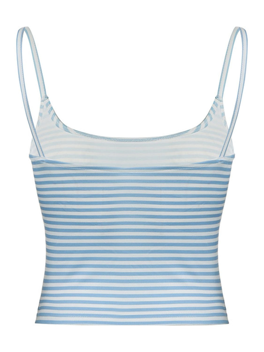 Light blue and white striped ribbed scoop tank top with thin straps.