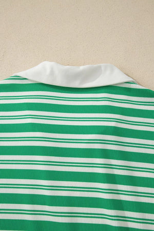 Green and white striped midi dress with collared V-neck and pockets