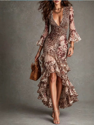 tan maxi dress with leopard and deep v-neck
