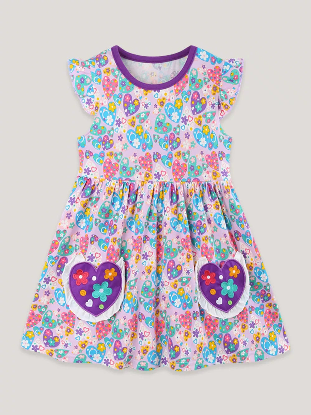 Baby girls' purple cotton dress with heart and butterfly print, flutter sleeves, and heart pockets.