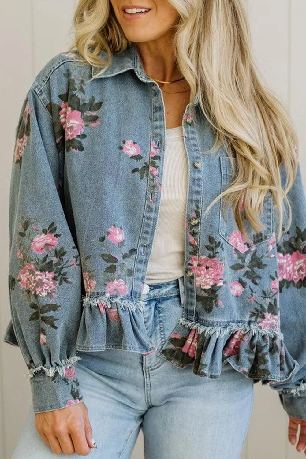Floral Print Denim Jacket With Ruffled Hem