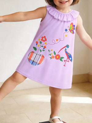Lavender cotton dress with bird, butterfly, and floral print, ruffle collar