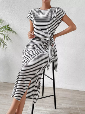 Striped midi dress with tie-side detail and thigh-high slit